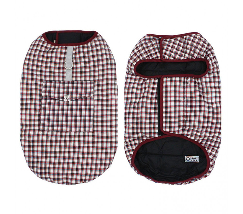 Reversible Plaid Dog Coats for Winter with Harness Access and Pocket Red