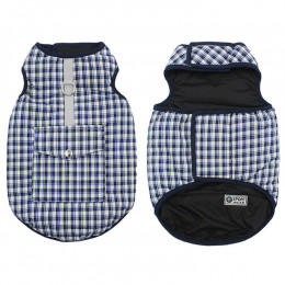 Reversible Plaid Dog Coats for Winter with Harness Access and Pocket Blue